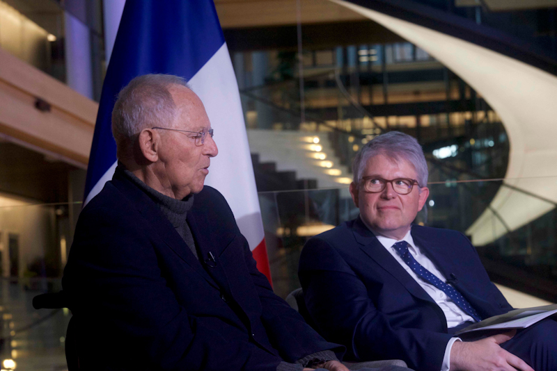 Dr Wolfgang Schäuble et Patrick Hetzel : Interview City TV au Parlement européen de Strasbourg le 25.10.23 © Serge WENCKER